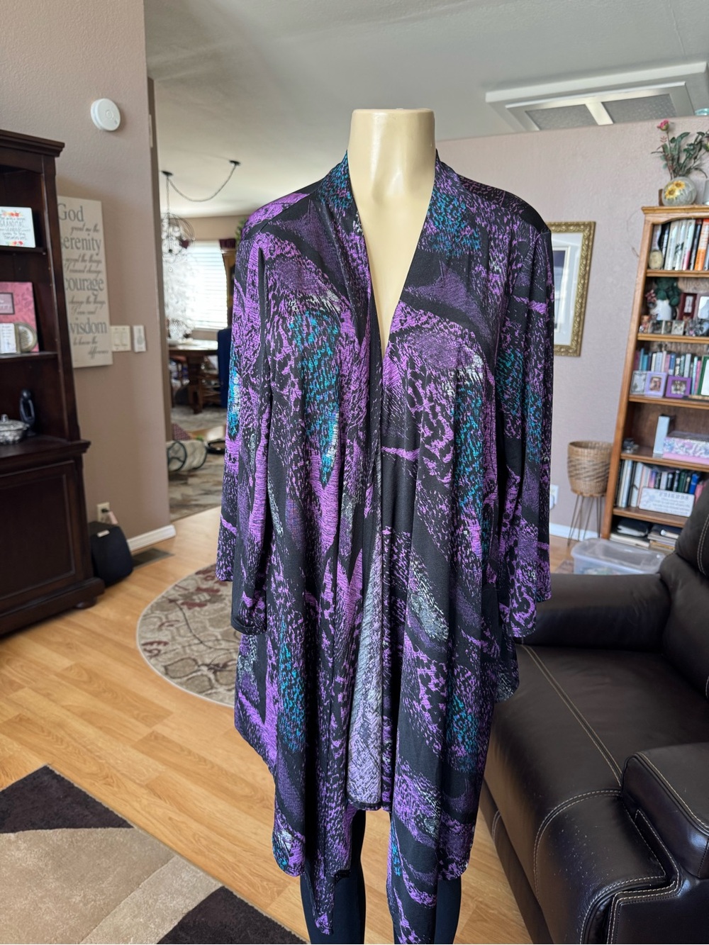 Boutique black, purple & green draped kimono cardigan-size 1X